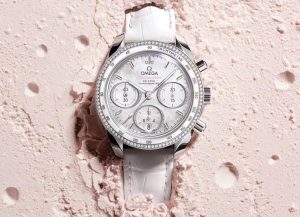 The female fake Omega watches have white leather straps.