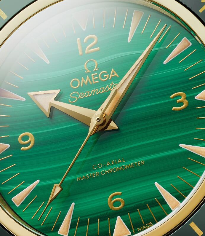 The dial of the Omega is made of the rare malachite.