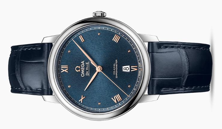 The blue strap fake watch has a blue dial.