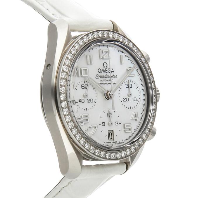 The white mother-of-pearl dial fake watch is decorated with diamonds.