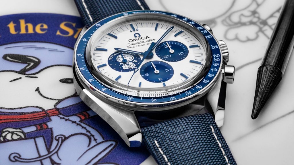 The stainless steel fake watch has a blue strap.