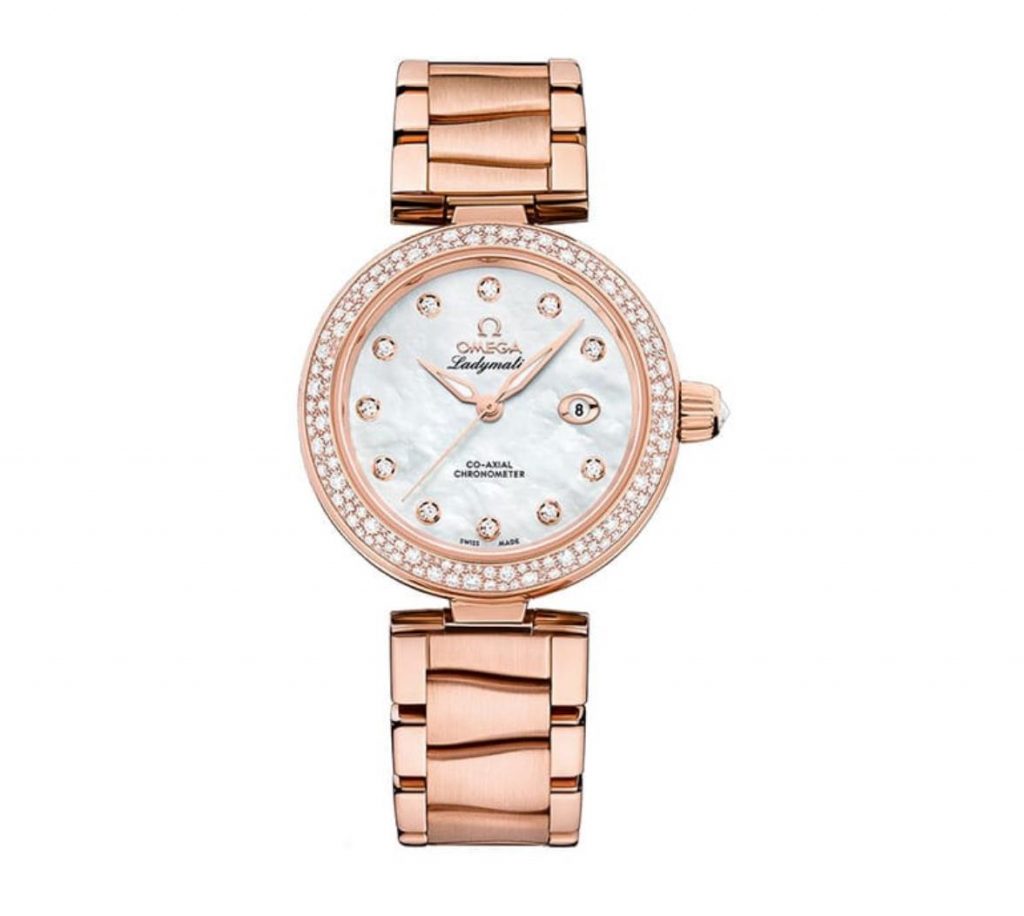 The 18k red gold fake watch is decorated with diamonds.