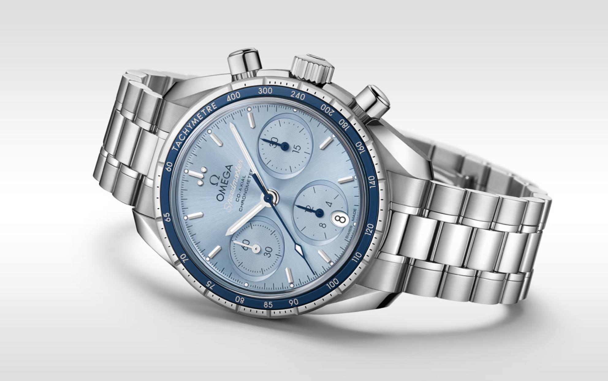 The waterproof fake watch has a light blue dial.